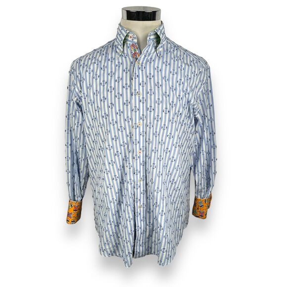 Robert Graham Shirt Men’s Large Blue White Striped Flip Cuff Button Textured - Picture 1 of 11